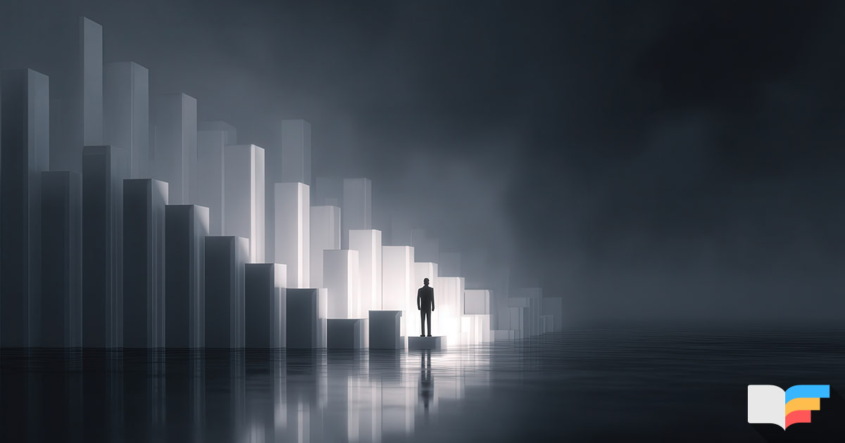 Silhouette of a person standing on a pedestal among illuminated bar-like structures in a dark, misty environment.