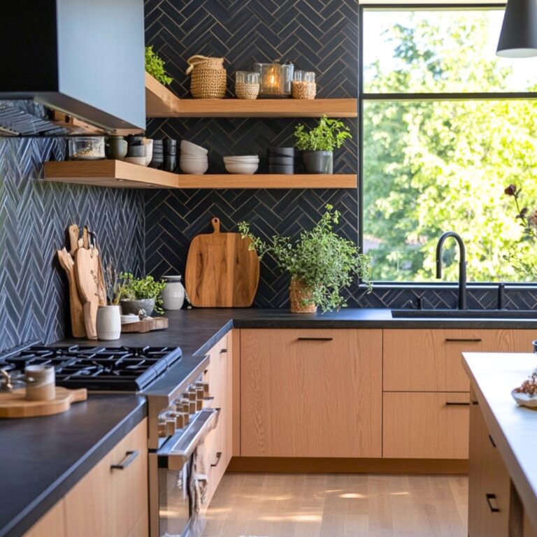 modern kitchen black herringbone tiles countertop 768x768
