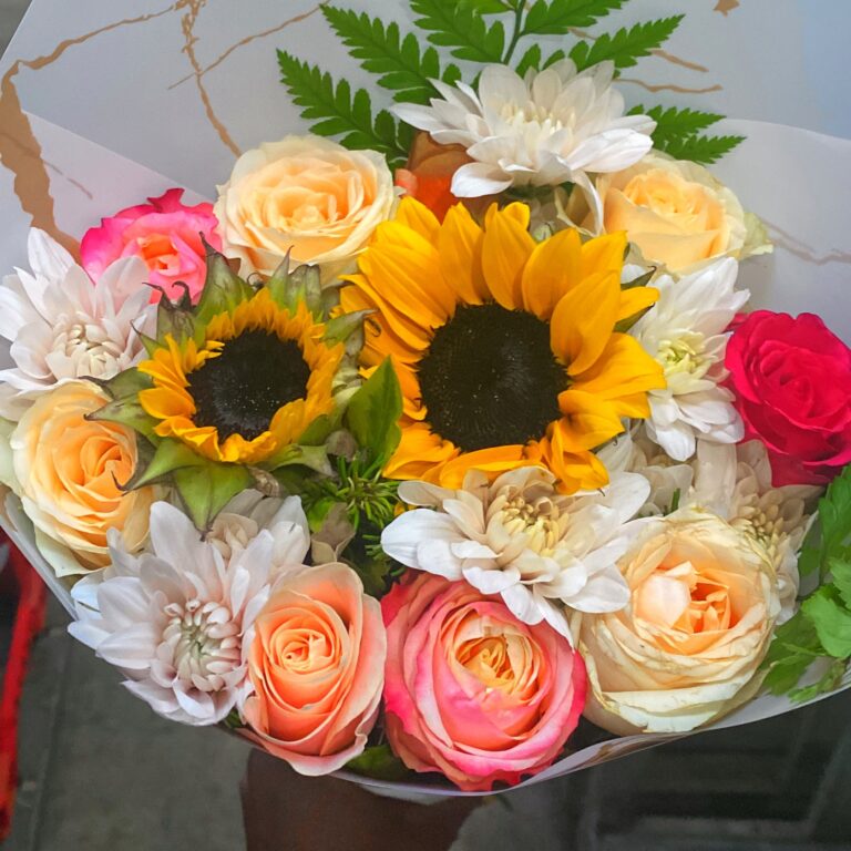 square Cheerful Sunflower Rose Mixed Bouquet Johannesburg 768x768