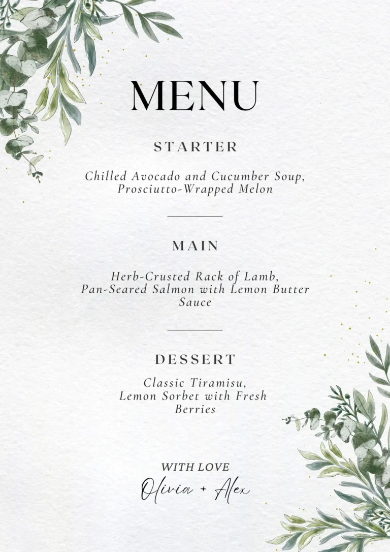 canva white green watercolor leaves wedding menu P yTIcSzWVc 768x1086